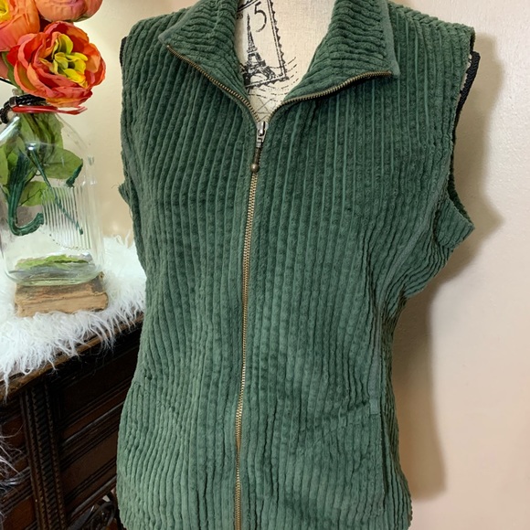 Woolrich Kinsdale Corduroy Vest Womens Medium Green Zipper Pockets Mock Neck - Picture 2 of 6